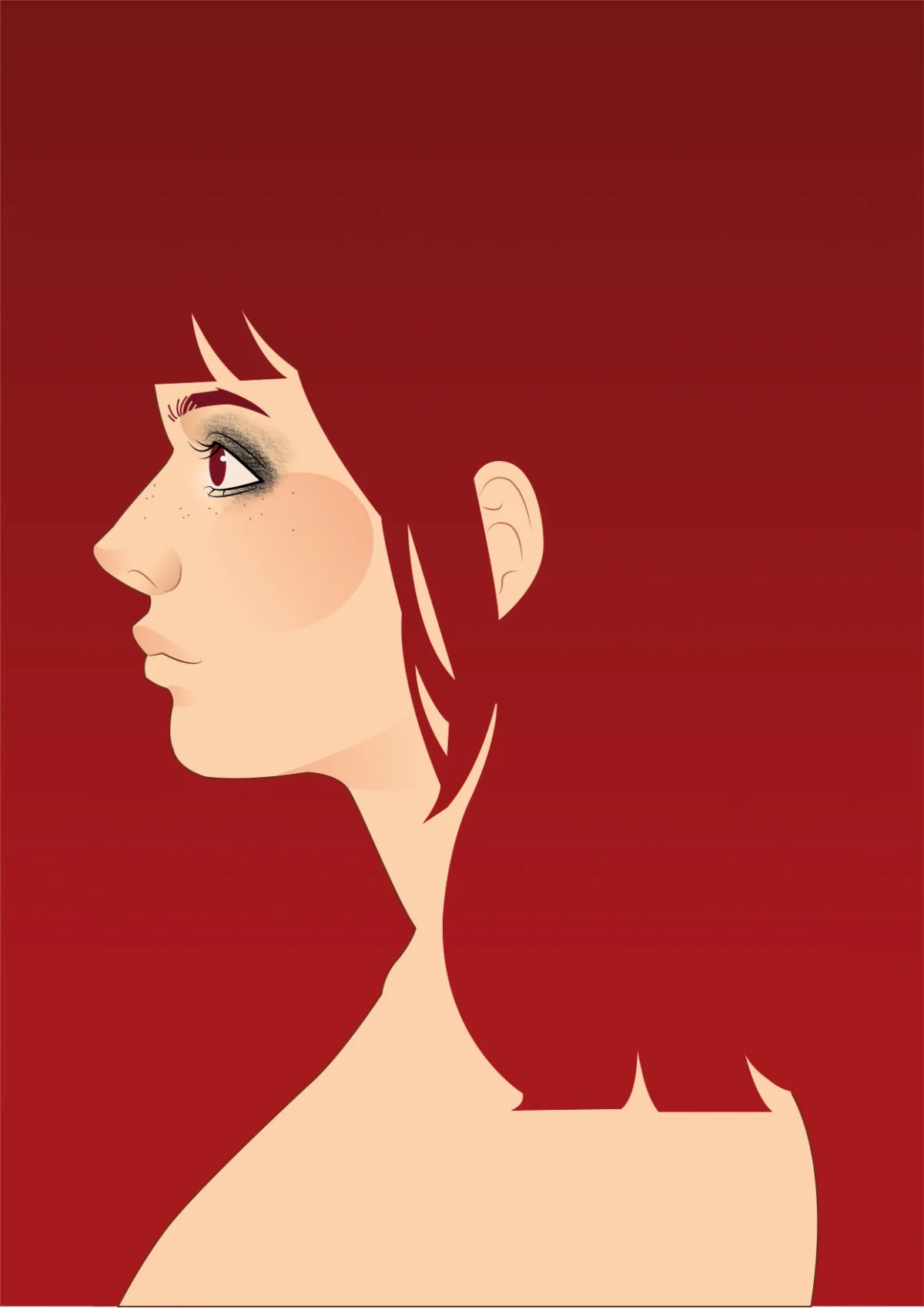 Retrato vectorial de perfil de una chica pelirroja sobre fondo rojo intenso, de Julia Aragoneses, alumna de Ilustración y Animación 2D en TRAZOS