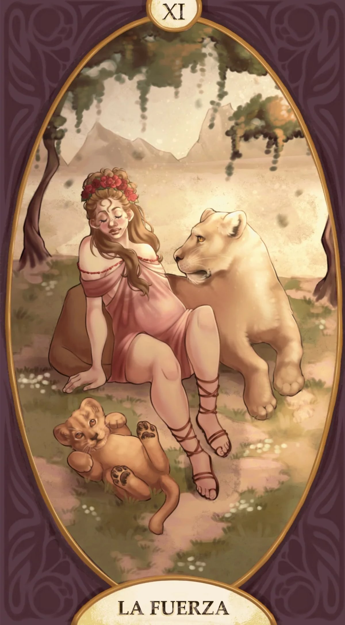 Carta de tarot "La Fuerza" con una mujer coronada de flores junto a una leona y su cachorro, de Julia Aragoneses, alumna de Ilustración y Animación 2D en TRAZOS
