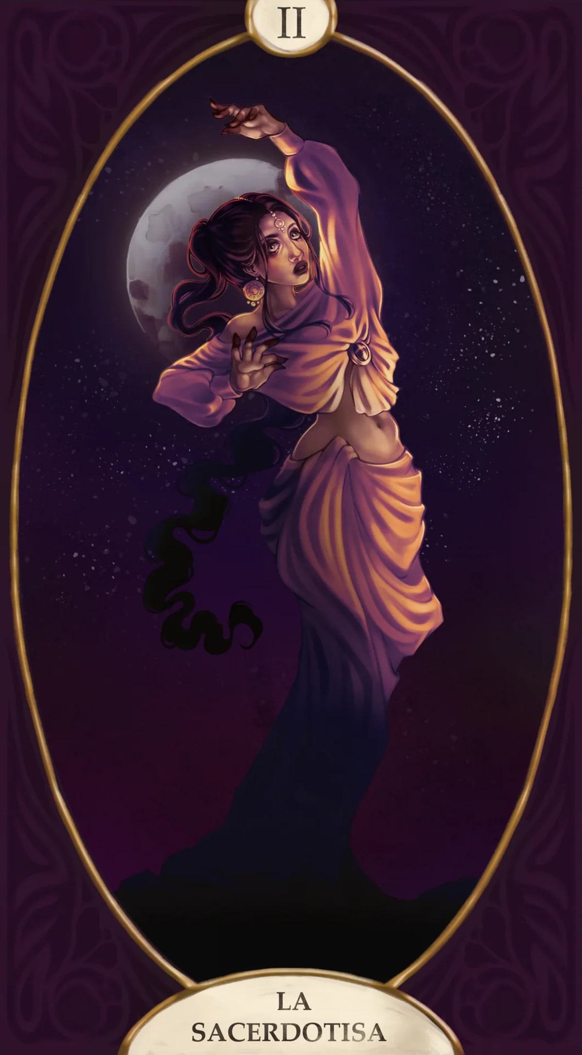 Carta de tarot "La Sacerdotisa" con una figura de túnica dorada danzando ante la luna llena, de Julia Aragoneses, alumna de Ilustración y Animación 2D en TRAZOS