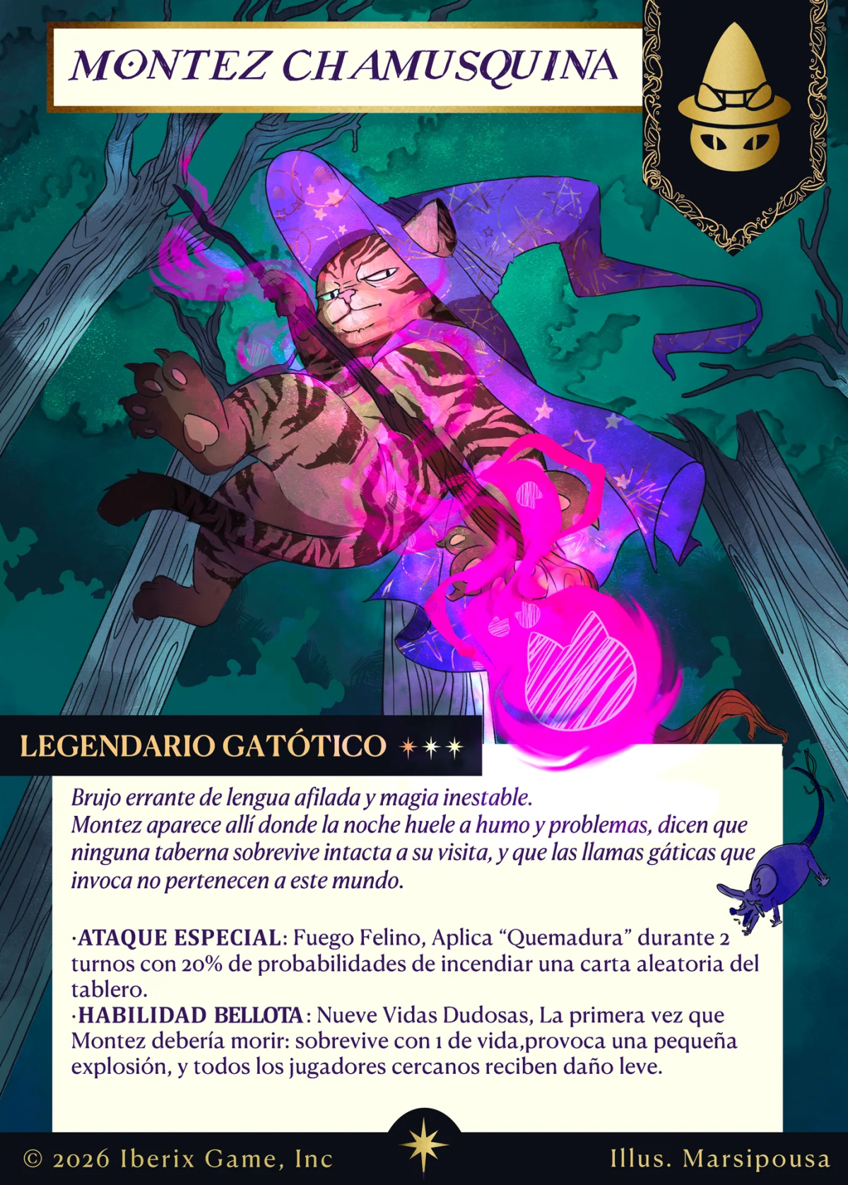 Carta de juego "Montez Chamusquina" con un gato brujo de capa violeta lanzando fuego mágico, de Mar Muñoz, alumna de Ilustración y Animación 2D en TRAZOS