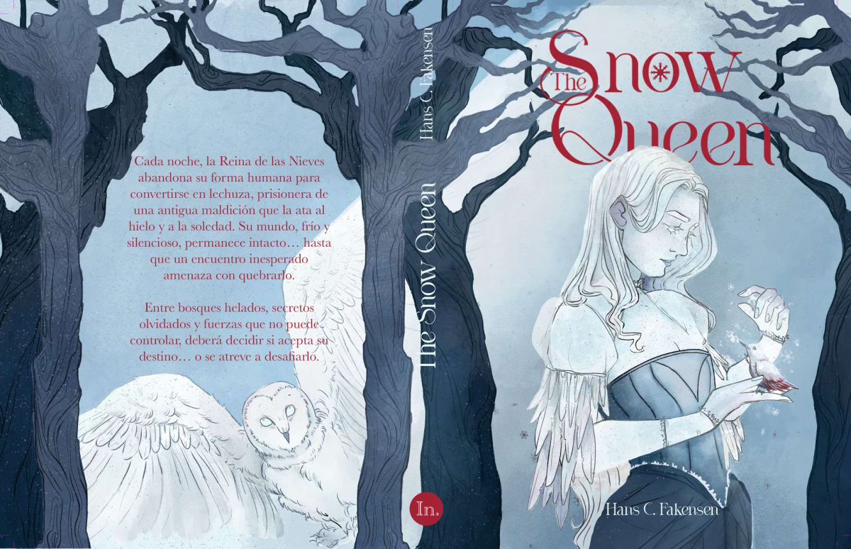 Cubierta completa del libro "The Snow Queen" con la reina de las nieves y una lechuza blanca, de Mar Muñoz, alumna de Ilustración y Animación 2D en TRAZOS