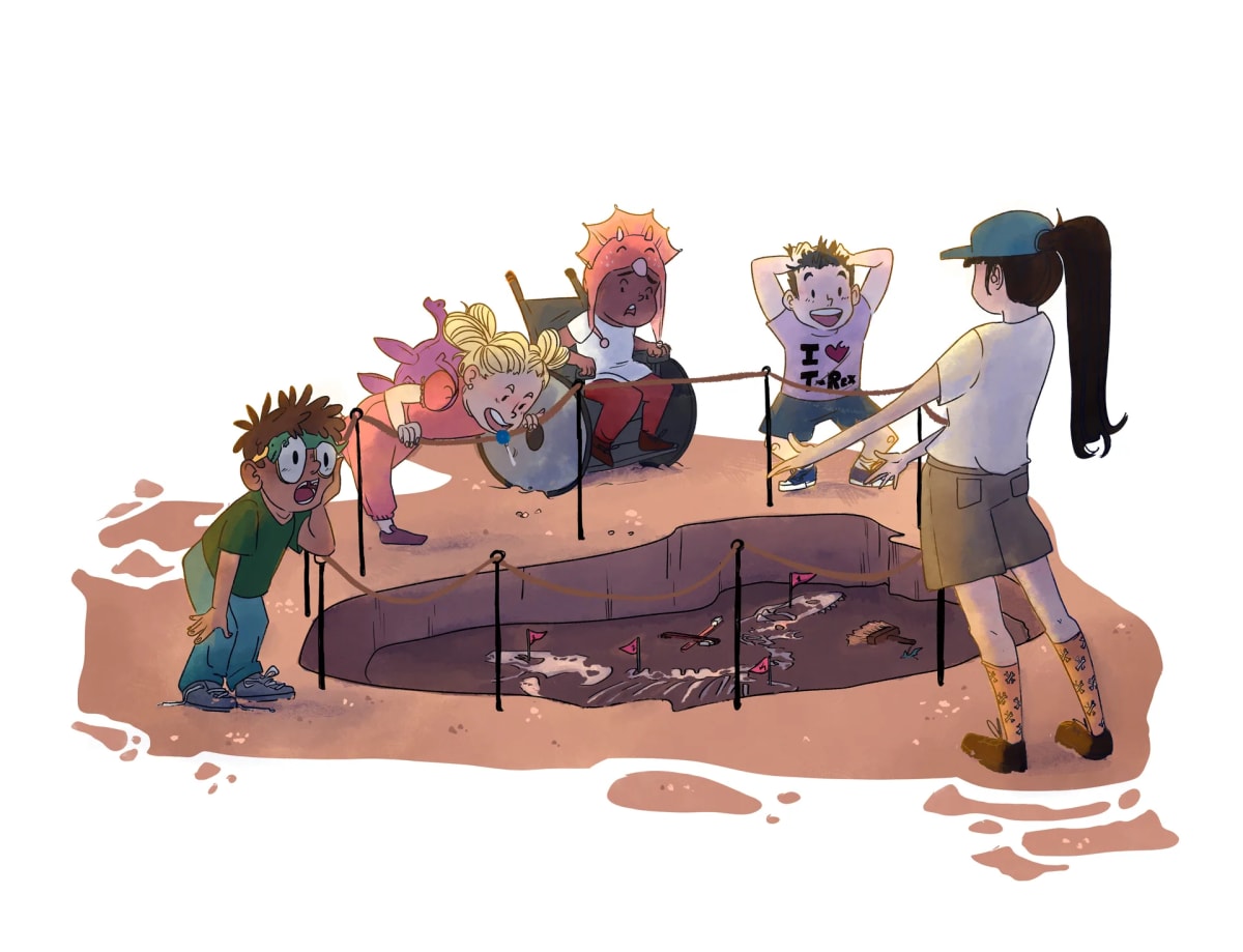 Ilustración infantil de un grupo de niños asomados a una excavación con un fósil de dinosaurio, de Mar Muñoz, alumna de Ilustración y Animación 2D en TRAZOS