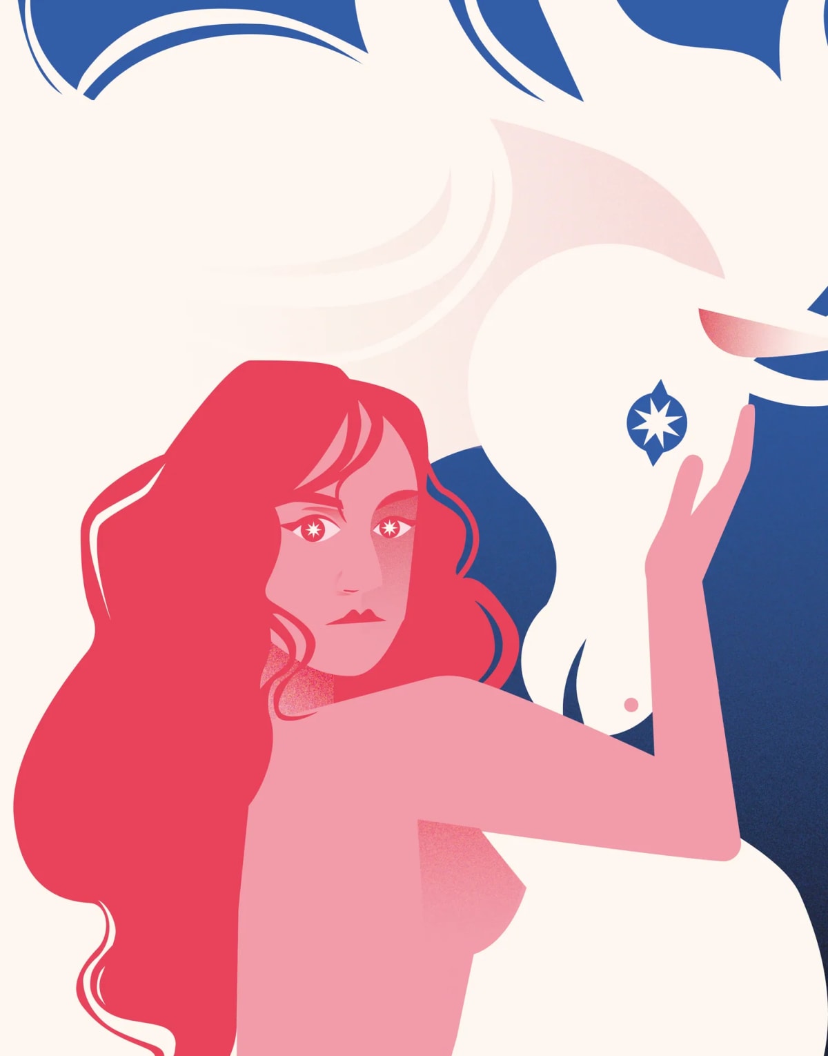 Ilustración vectorial de una mujer pelirroja acariciando un ciervo blanco, en rojo y azul, de Mar Muñoz, alumna de Ilustración y Animación 2D en TRAZOS