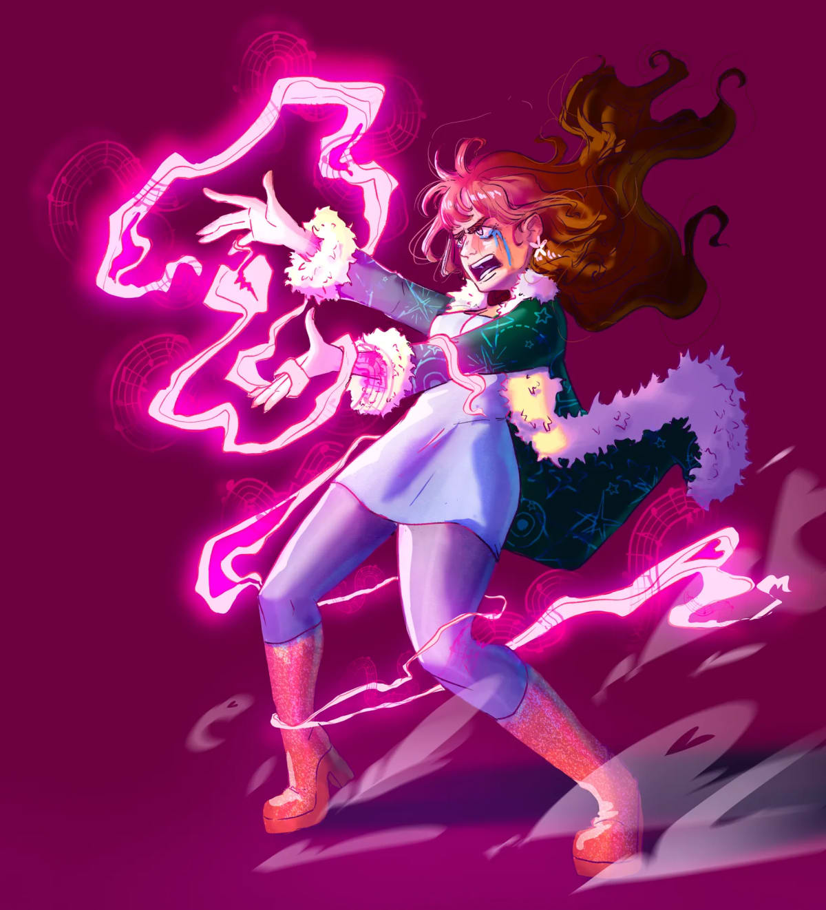 Personaje femenino de cuerpo entero lanzando un hechizo de neón rosa, con abrigo de estrellas, de Mar Muñoz, alumna de Ilustración y Animación 2D en TRAZOS