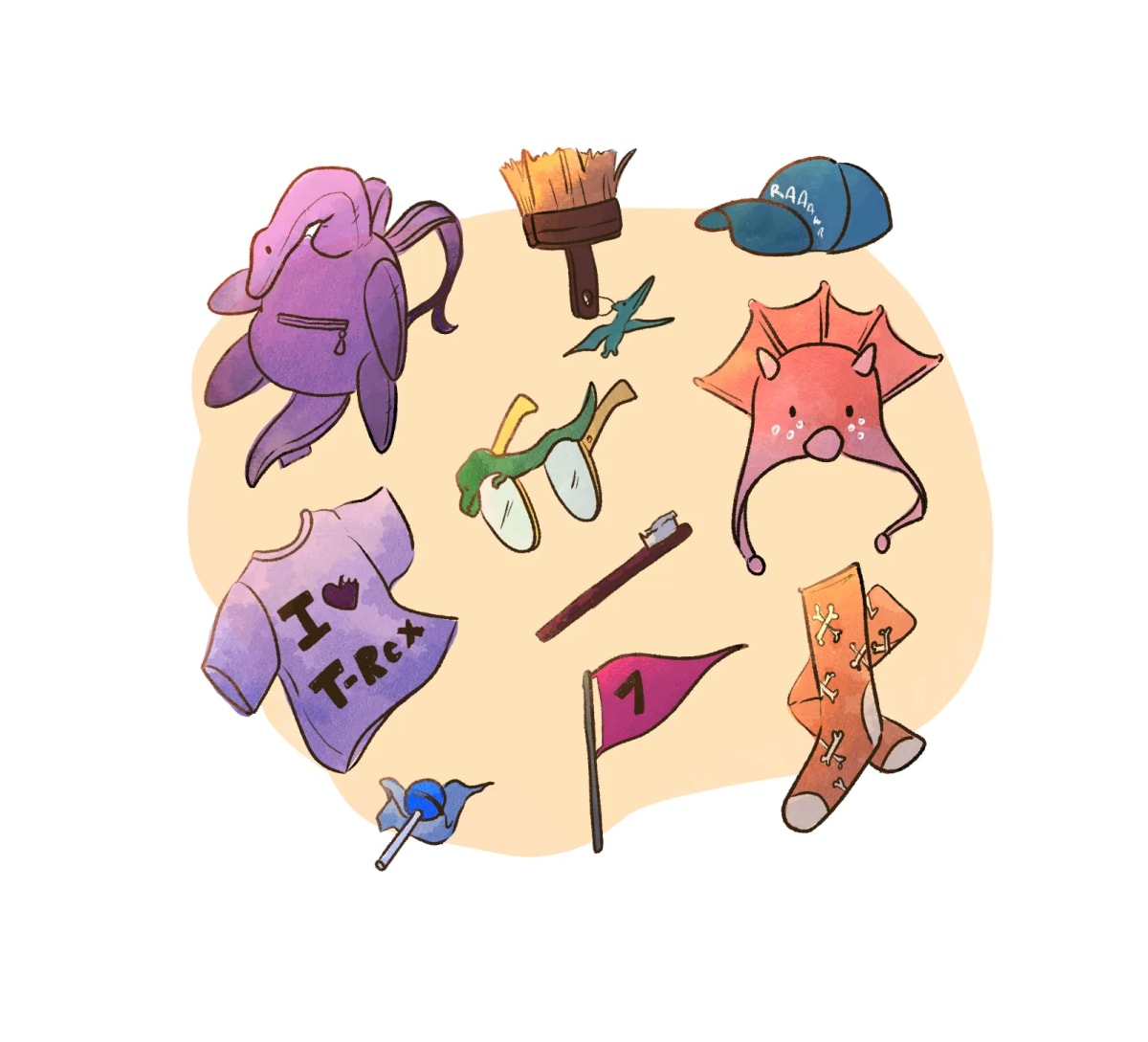 Hoja de props infantiles con mochila, gorra, camiseta de T-Rex y calcetines de huesos, de Mar Muñoz, alumna de Ilustración y Animación 2D en TRAZOS