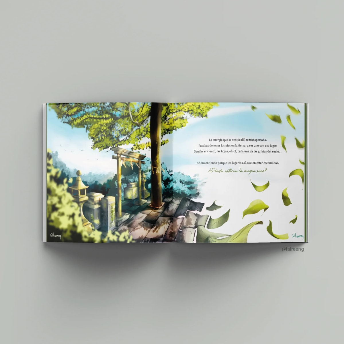 Doble página ilustrada de un templo entre árboles con hojas volando y texto poético, de Tania Bermúdez, alumna de Ilustración y Animación 2D en TRAZOS