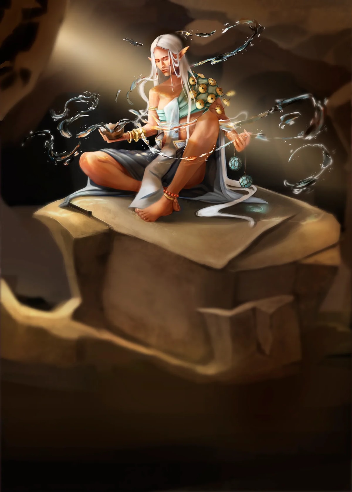 Elfa de pelo blanco meditando sobre una roca mientras el agua flota a su alrededor, de Tania Bermúdez, alumna de Ilustración y Animación 2D en TRAZOS