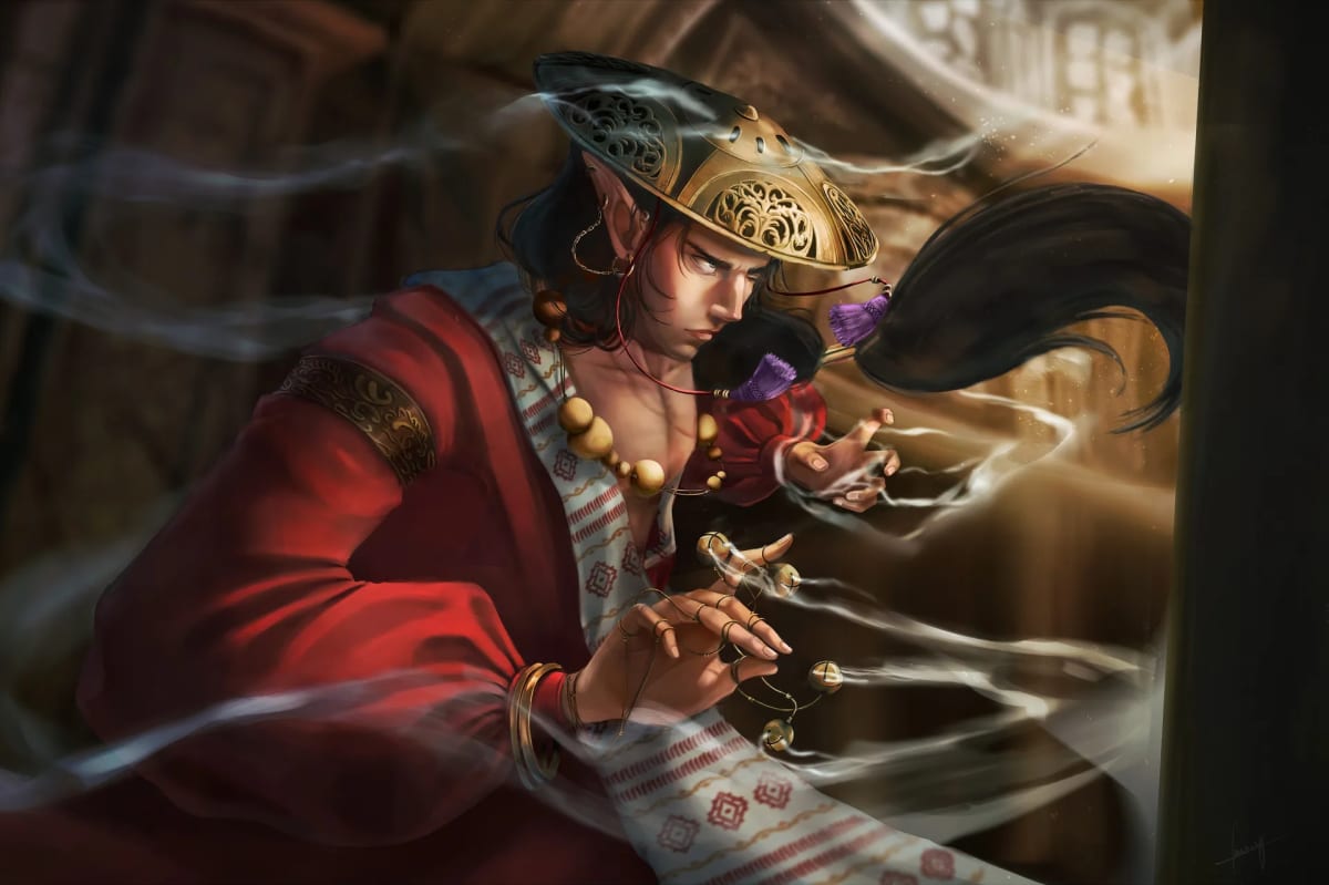 Ilustración completa de un elfo con casco dorado tejiendo humo dentro de un templo, de Tania Bermúdez, alumna de Ilustración y Animación 2D en TRAZOS