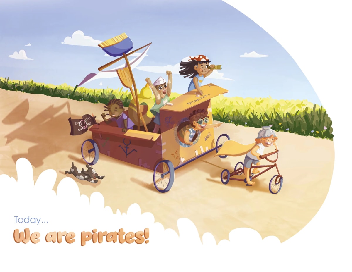 Ilustración infantil de un grupo de niños jugando a piratas en un carro de cartón, de Tania Bermúdez, alumna de Ilustración y Animación 2D en TRAZOS