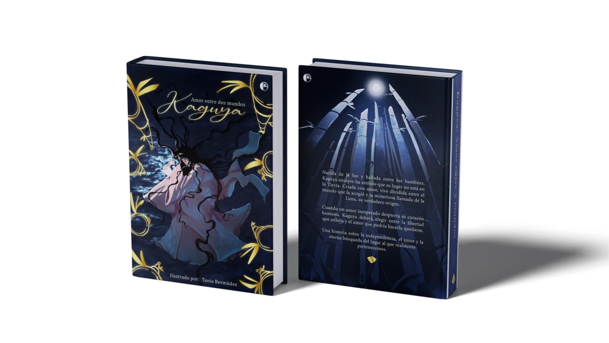 Maqueta de la portada y contraportada del libro "Kaguya", con bambúes y luna sobre fondo azul noche, de Tania Bermúdez, alumna de Ilustración y Animación 2D en TRAZOS