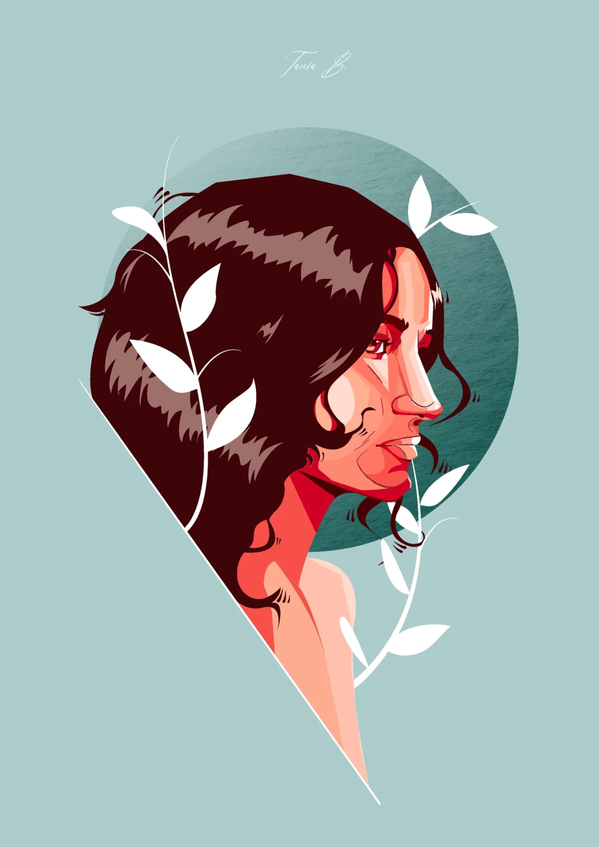 Retrato vectorial de perfil de una mujer entre ramas blancas sobre fondo verde agua, de Tania Bermúdez, alumna de Ilustración y Animación 2D en TRAZOS