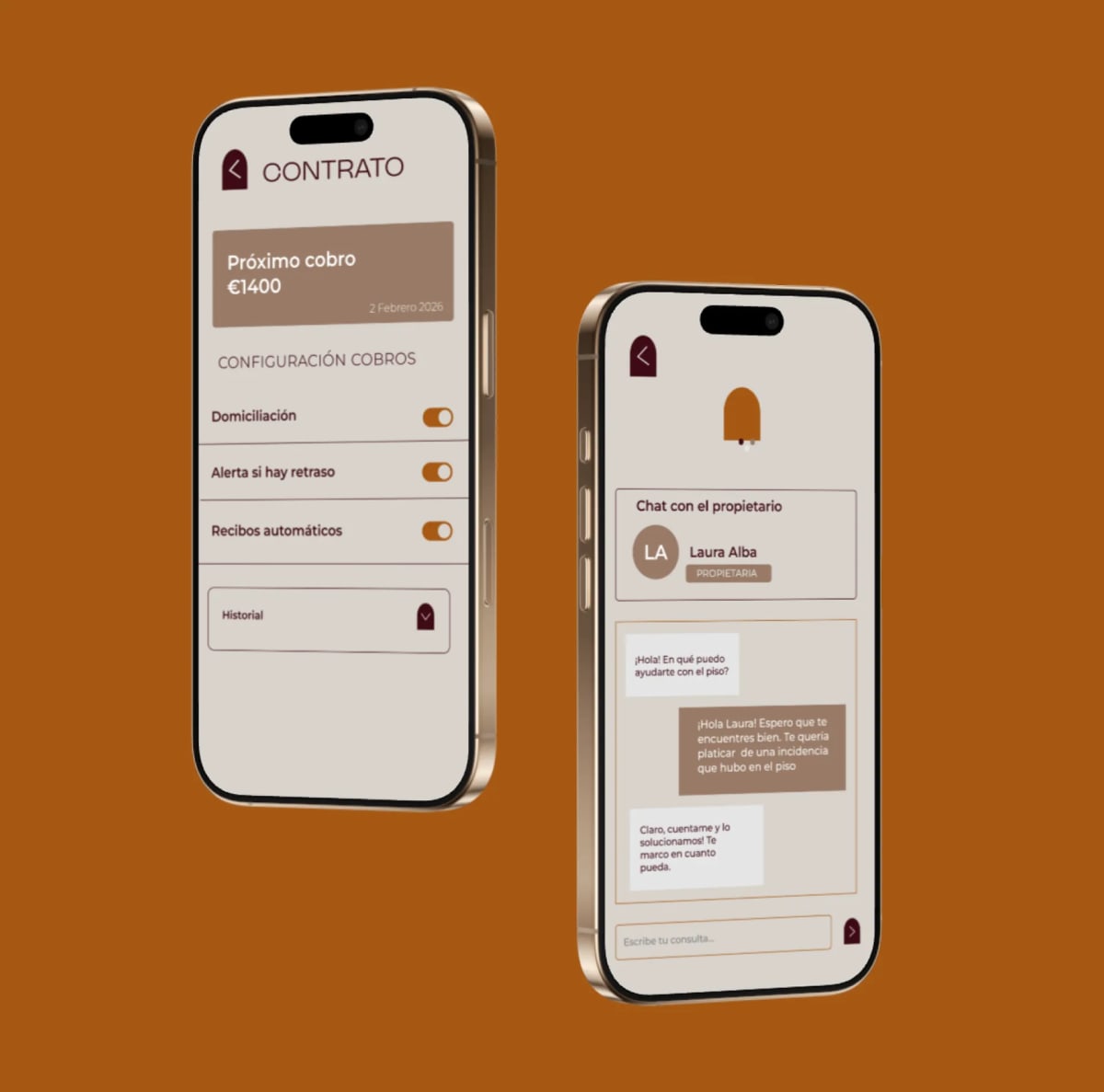 Pantalla de contrato y cobros de Homia junto al chat con el propietario, de Andrea Flores Alba, alumna de UX/UI/Web en TRAZOS