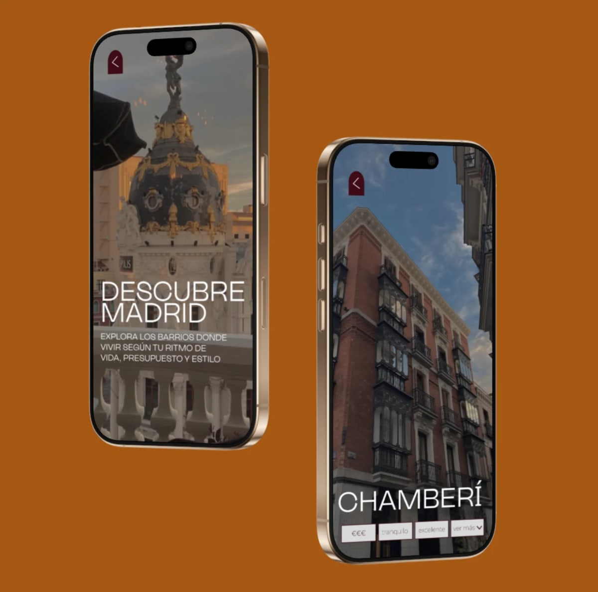 Pantallas de Homia para descubrir los barrios de Madrid, con fotos de Gran Vía y Chamberí, de Andrea Flores Alba, alumna de UX/UI/Web en TRAZOS