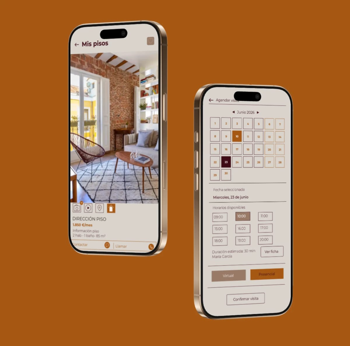 Ficha de un piso en Homia y la pantalla de agendar visita con calendario y horarios, de Andrea Flores Alba, alumna de UX/UI/Web en TRAZOS