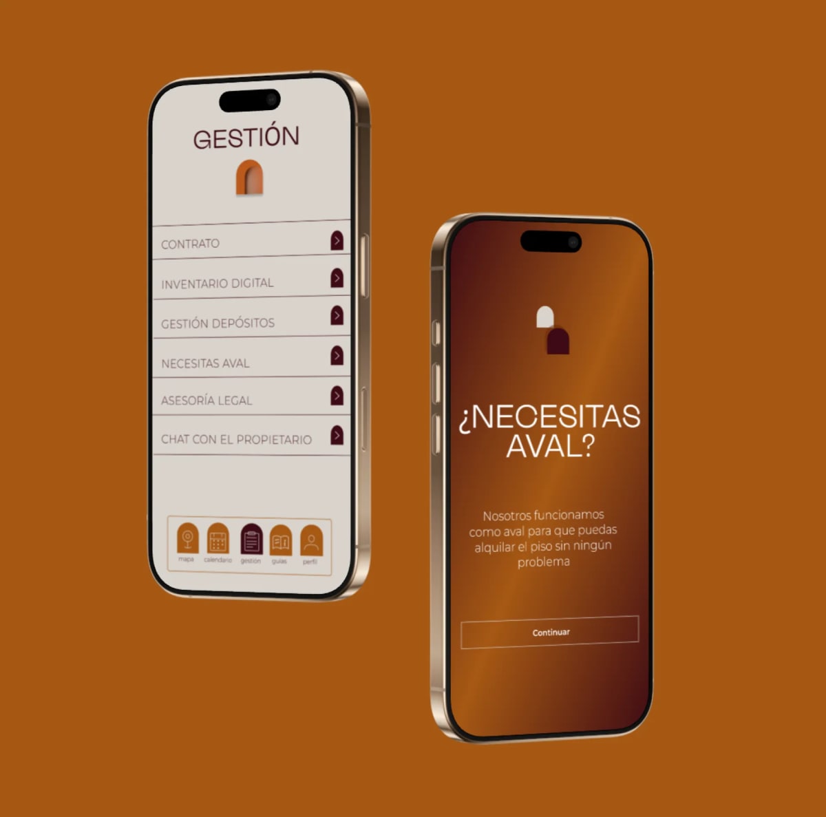 Menú de gestión del alquiler en Homia y la pantalla del servicio de aval, de Andrea Flores Alba, alumna de UX/UI/Web en TRAZOS