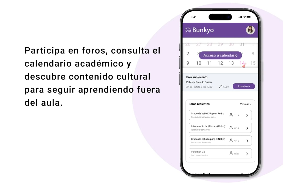 Pantalla de Bunkyo con el calendario académico, el próximo evento y los foros recientes, de Mariam El Berjiji, alumna de UX/UI/Web en TRAZOS