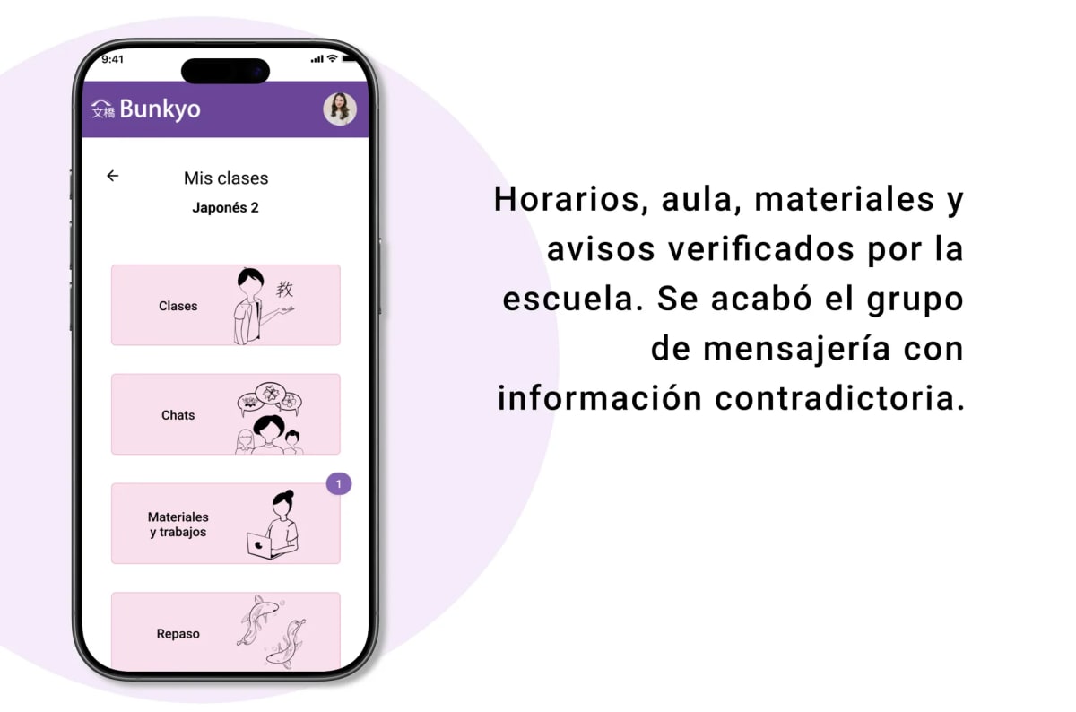 Pantalla "Mis clases" de Bunkyo con los accesos a clases, chats, materiales y repaso, de Mariam El Berjiji, alumna de UX/UI/Web en TRAZOS