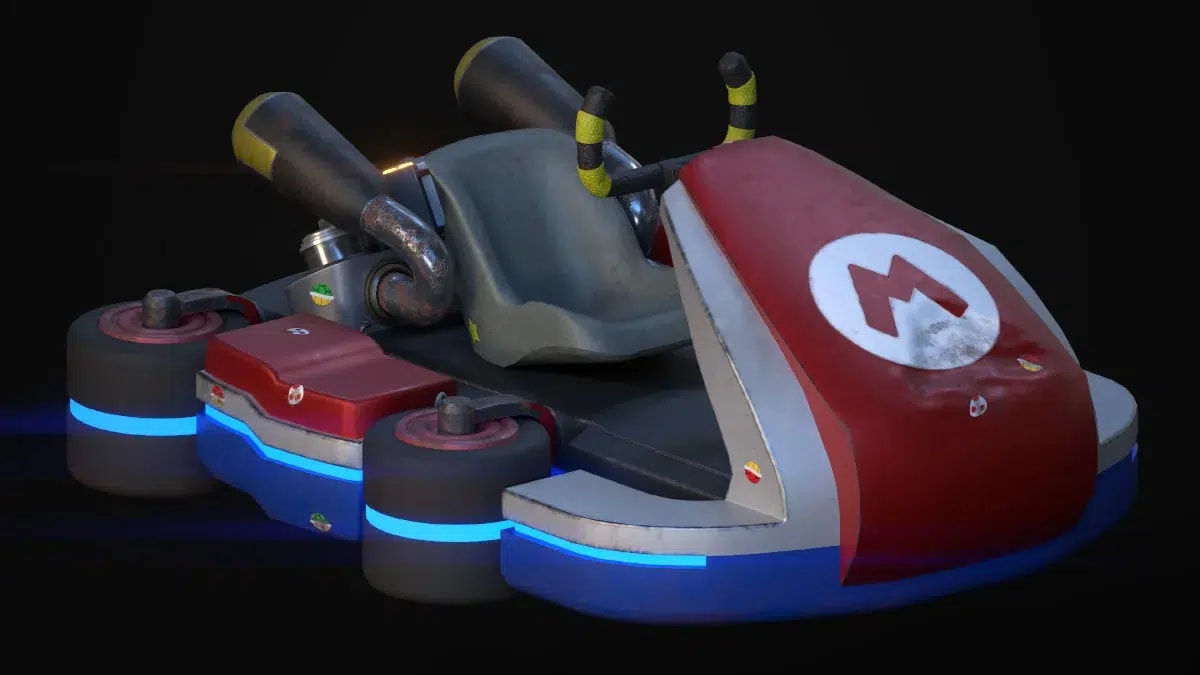 Modelado 3D de un kart rojo con emblema redondo y ruedas con luces azules, de Miguel Rodríguez García, alumno de Videojuegos en TRAZOS