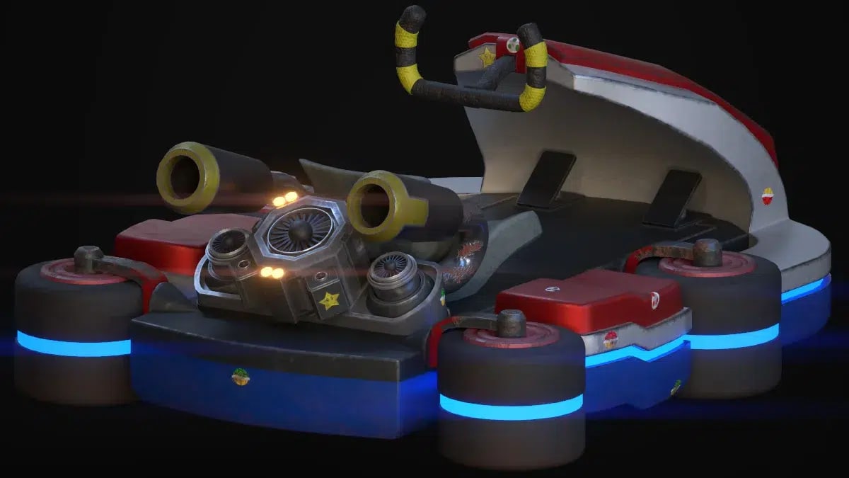 Modelado 3D de un kart de carreras con propulsores y ruedas con luces azules sobre fondo negro, de Miguel Rodríguez García, alumno de Videojuegos en TRAZOS