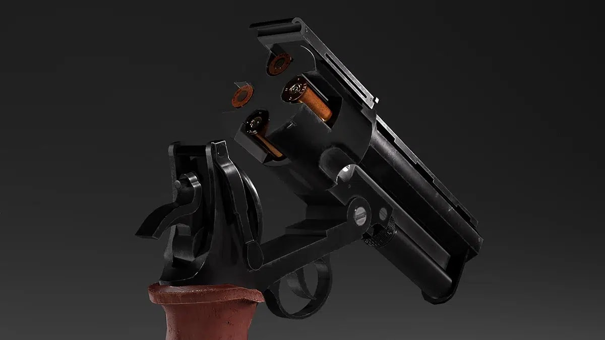 Detalle del despiece del revólver 3D con el tambor y los cartuchos separados, de Alejandro Moreno Jiménez, alumno/a de Videojuegos en TRAZOS