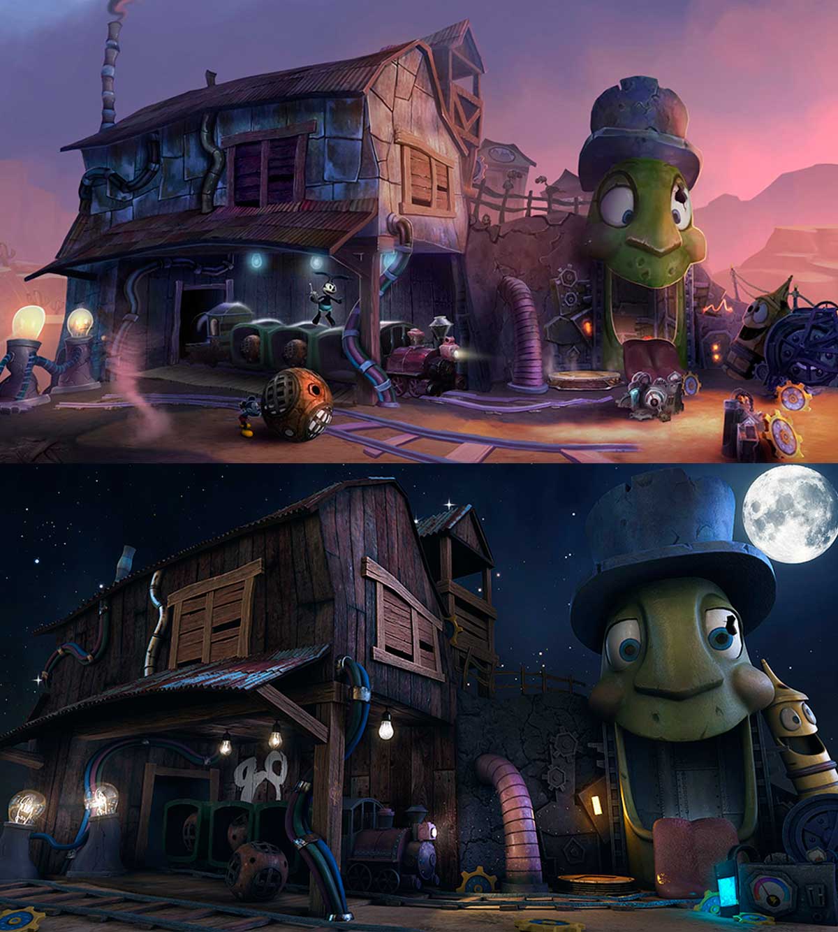 Comparativa de iluminación de una escena cartoon con una casa de madera y un personaje tortuga con chistera, del proyecto Train Station, de alumnos de Videojuegos en TRAZOS