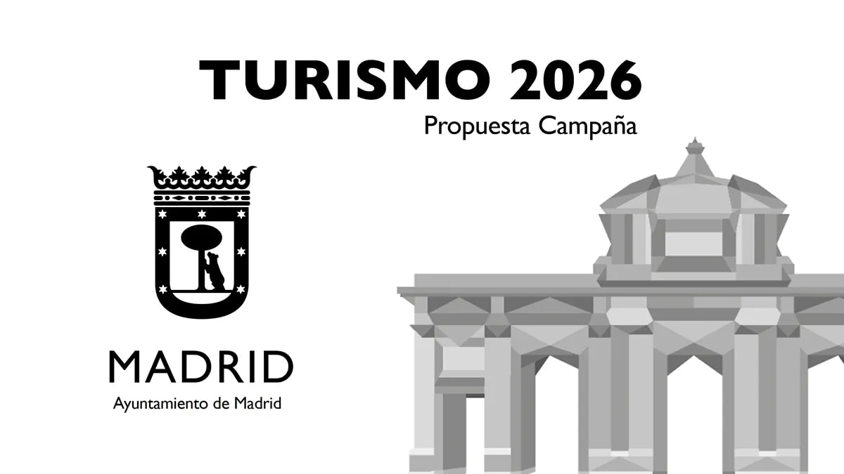 Portada de la propuesta de campaña Turismo 2026 del Ayuntamiento de Madrid con ilustración de la Puerta de Alcalá, de Marta Echeverría Sánchez, alumna de Diseño Gráfico y Motion Graphics en TRAZOS
