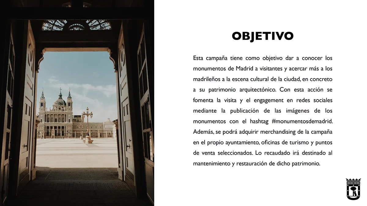 Diapositiva con el objetivo de la campaña Vive Madrid junto a una foto del Palacio Real, de Marta Echeverría Sánchez, alumna de Diseño Gráfico y Motion Graphics en TRAZOS
