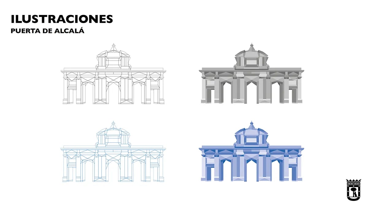 Estudio de ilustraciones low poly de la Puerta de Alcalá en versiones de línea, grises y azules, de Marta Echeverría Sánchez, alumna de Diseño Gráfico y Motion Graphics en TRAZOS