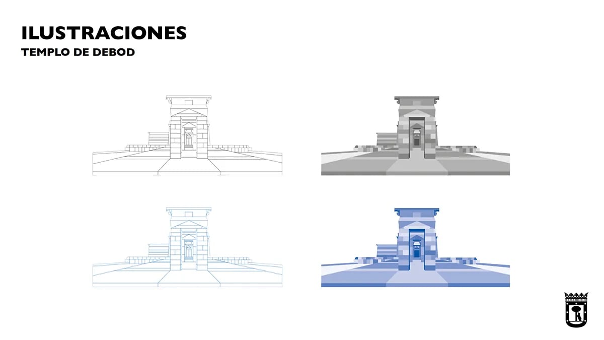 Estudio de ilustraciones low poly del Templo de Debod en versiones de línea, grises y azules, de Marta Echeverría Sánchez, alumna de Diseño Gráfico y Motion Graphics en TRAZOS