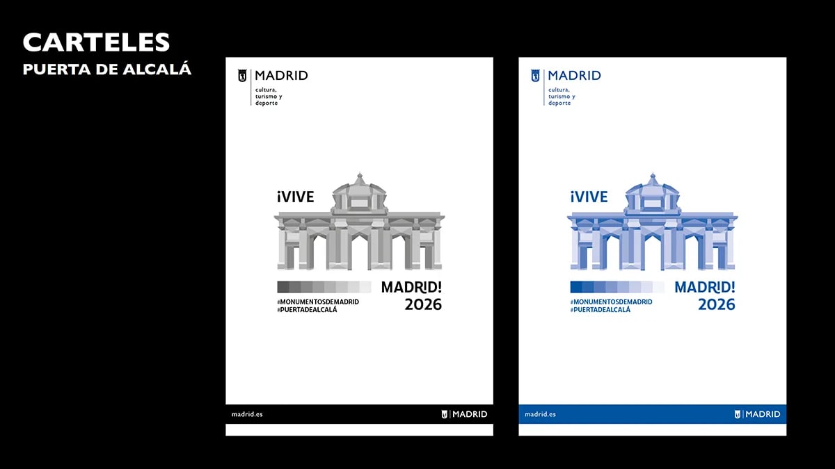 Dos carteles de la campaña Vive Madrid con la Puerta de Alcalá en versión gris y azul, de Marta Echeverría Sánchez, alumna de Diseño Gráfico y Motion Graphics en TRAZOS