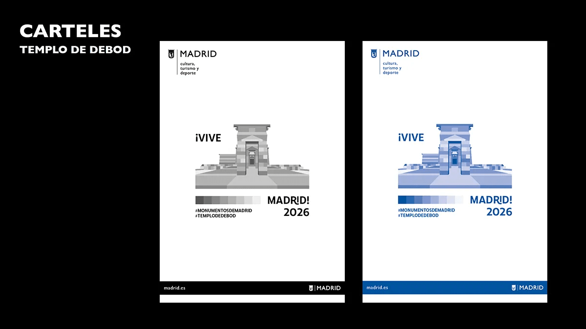 Dos carteles de la campaña Vive Madrid con el Templo de Debod en versión gris y azul, de Marta Echeverría Sánchez, alumna de Diseño Gráfico y Motion Graphics en TRAZOS