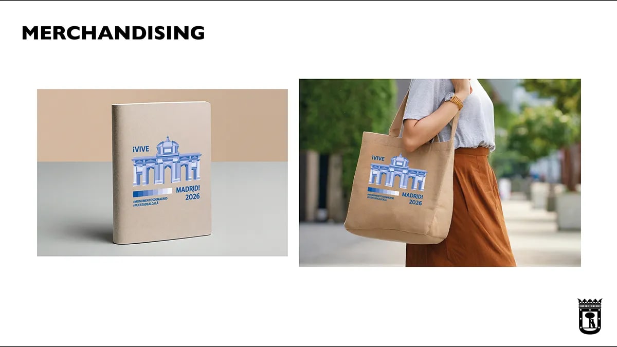 Merchandising de la campaña Vive Madrid con libreta y bolsa de lona con la Puerta de Alcalá, de Marta Echeverría Sánchez, alumna de Diseño Gráfico y Motion Graphics en TRAZOS