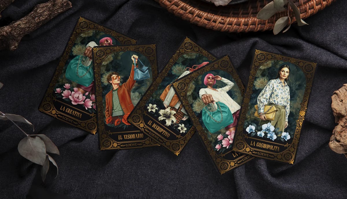 Cuatro cartas de tarot de Los Arcanos de Loewe con los arquetipos La Creativa, El Visionario, El Disruptivo y La Cosmopolita, de Ánder Sánchez, alumno de Diseño Gráfico y Motion Graphics en TRAZOS