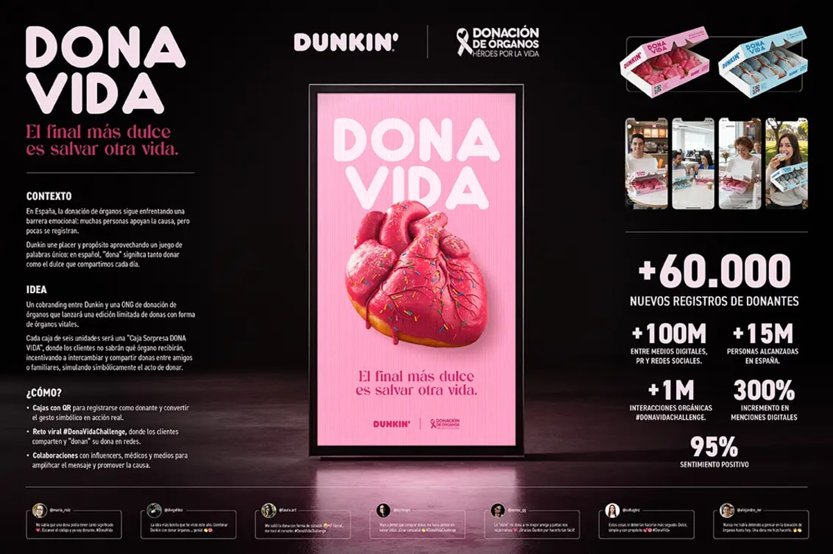 Lamina de la campaña Dona Vida de Dunkin para la donacion de organos con una dona en forma de corazón, de Ánder Sánchez, alumno de Diseño Gráfico y Motion Graphics en TRAZOS