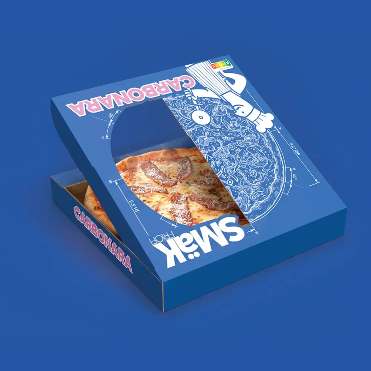Caja de pizza congelada Carbonara de la marca Smak Friofi en azul sobre fondo azul, de Diseño Gráfico y Motion Graphics en TRAZOS