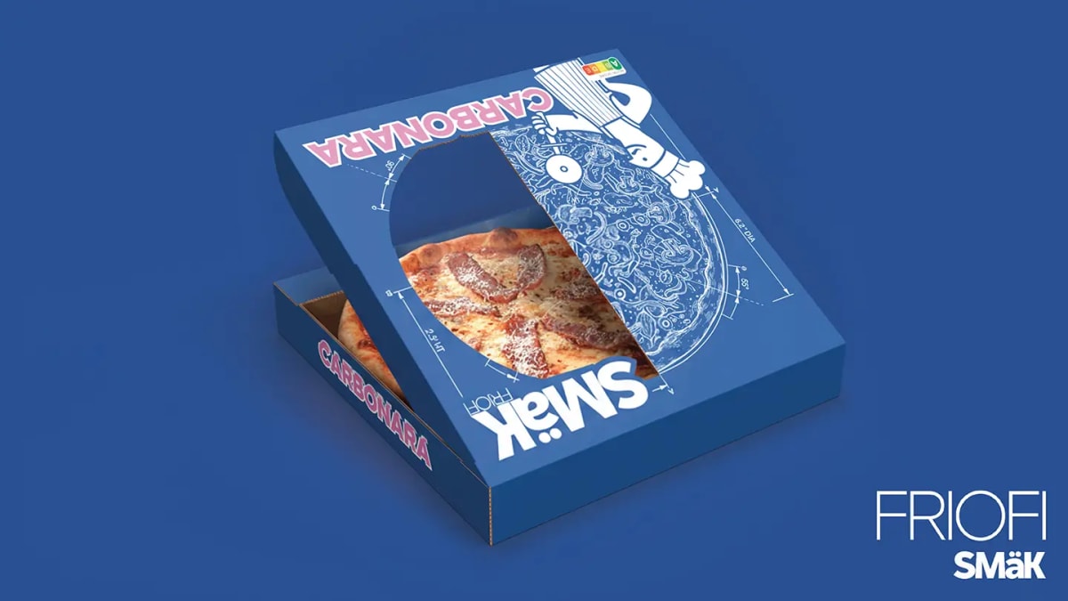 Caja abierta de pizza congelada Carbonara de la marca Smak Friofi mostrando la pizza, de Diseño Gráfico y Motion Graphics en TRAZOS