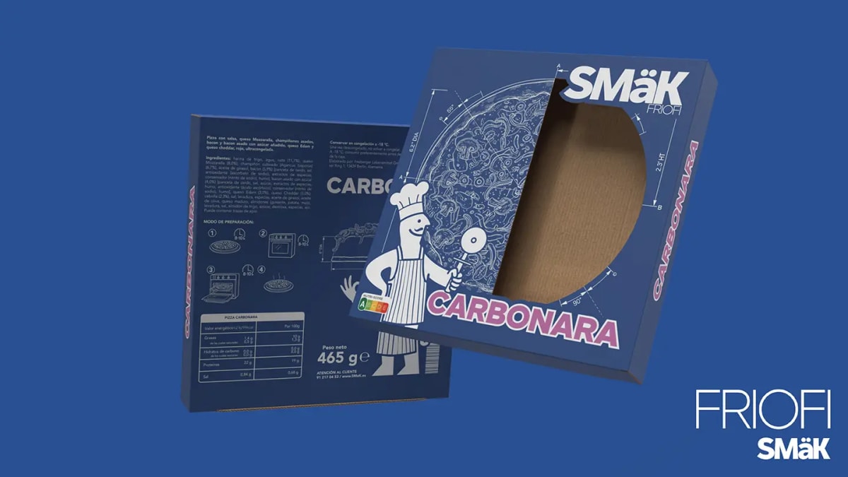 Caja de pizza congelada Carbonara de Smak Friofi con cara frontal y dorso de información nutricional, de Diseño Gráfico y Motion Graphics en TRAZOS