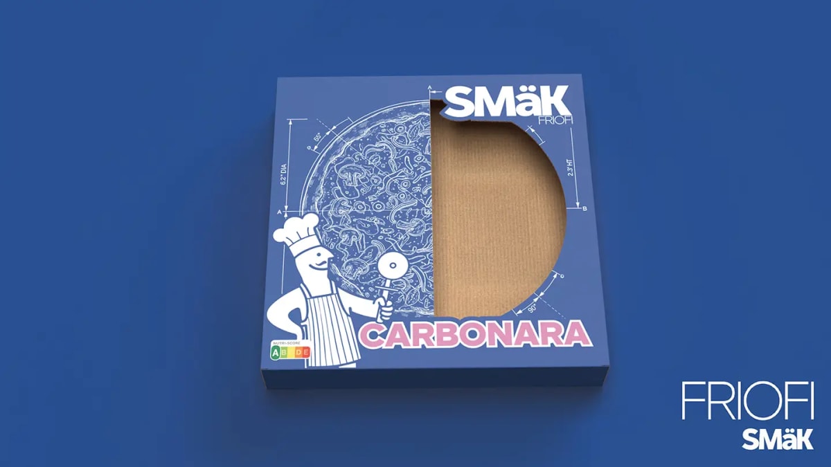 Caja de pizza congelada Carbonara de Smak Friofi con ventana troquelada e ilustración de cocinero, de Diseño Gráfico y Motion Graphics en TRAZOS