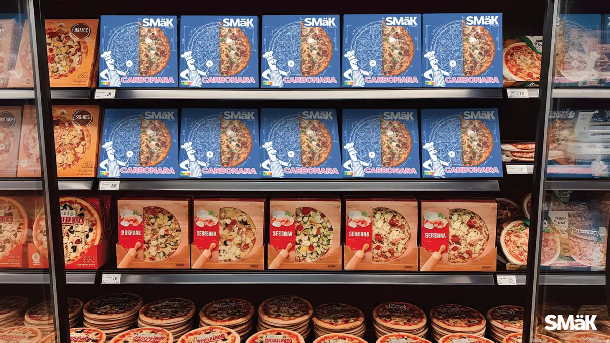 Lineal de congelados de supermercado con cajas de pizza de la marca Smak, de Diseño Gráfico y Motion Graphics en TRAZOS