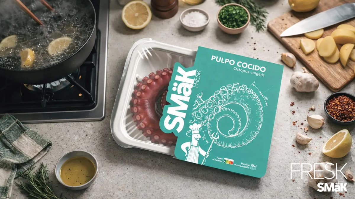 Bandeja de pulpo cocido de la línea Smak Fresk con faja verde en una cocina, de Diseño Gráfico y Motion Graphics en TRAZOS