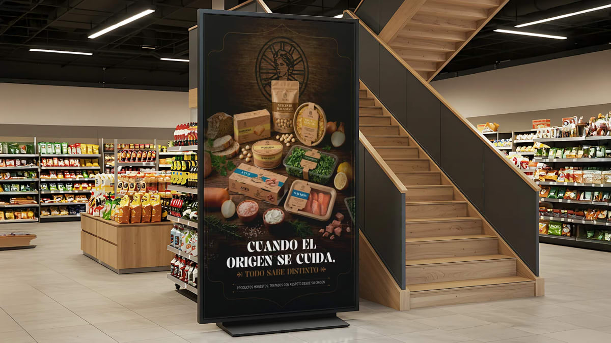Mupi de la marca gourmet Terra junto a unas escaleras de supermercado, de Diseño Gráfico y Motion Graphics en TRAZOS