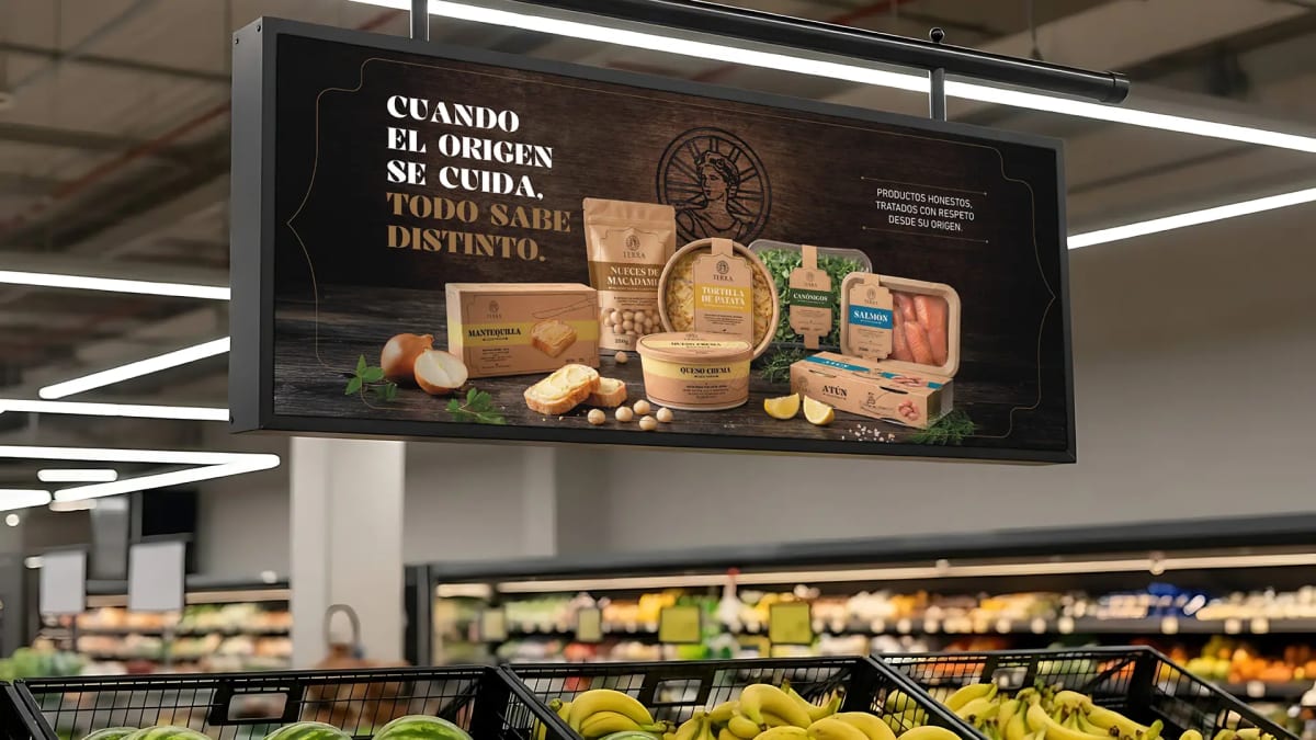 Cartel colgante de la marca gourmet Terra sobre la sección de fruta de un supermercado, de Diseño Gráfico y Motion Graphics en TRAZOS