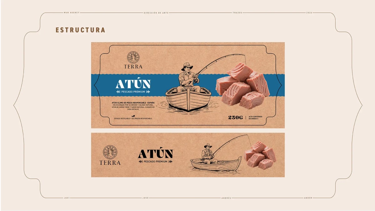 Lamina de estructura de la etiqueta de atún de la marca gourmet Terra con ilustración de pescador, de Diseño Gráfico y Motion Graphics en TRAZOS