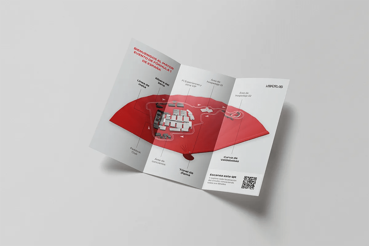 Folleto desplegable con el mapa del circuito de Fórmula 1 de la marca Madring en Madrid, de Ana Romera, alumna de Diseño Gráfico y Motion Graphics en TRAZOS