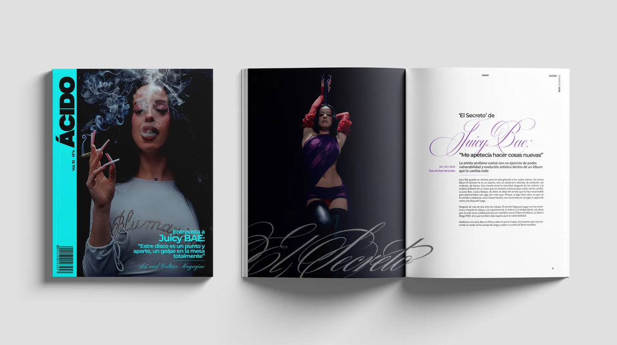 Portada y doble página interior de la revista Ácido con la entrevista a Juicy Bae, de Rebeca Marín, alumna de Diseño Gráfico y Motion Graphics en TRAZOS