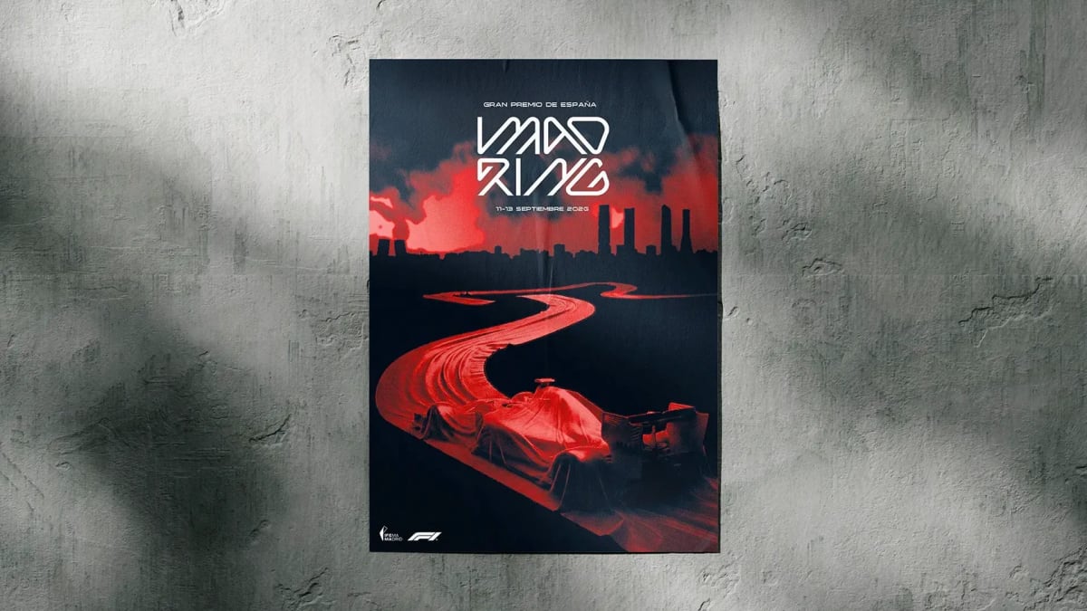 Cartel del Gran Premio de España Madring con un monoplaza de Fórmula 1 y la silueta de Madrid en rojo, de Rebeca Marín, alumna de Diseño Gráfico y Motion Graphics en TRAZOS