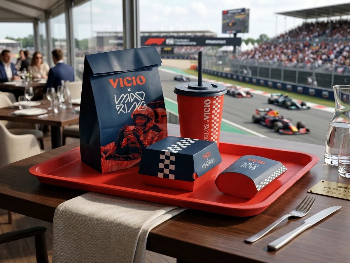 Packaging de comida Vicio x Madring sobre una bandeja roja con el circuito de Fórmula 1 al fondo, de Rebeca Marín, alumna de Diseño Gráfico y Motion Graphics en TRAZOS