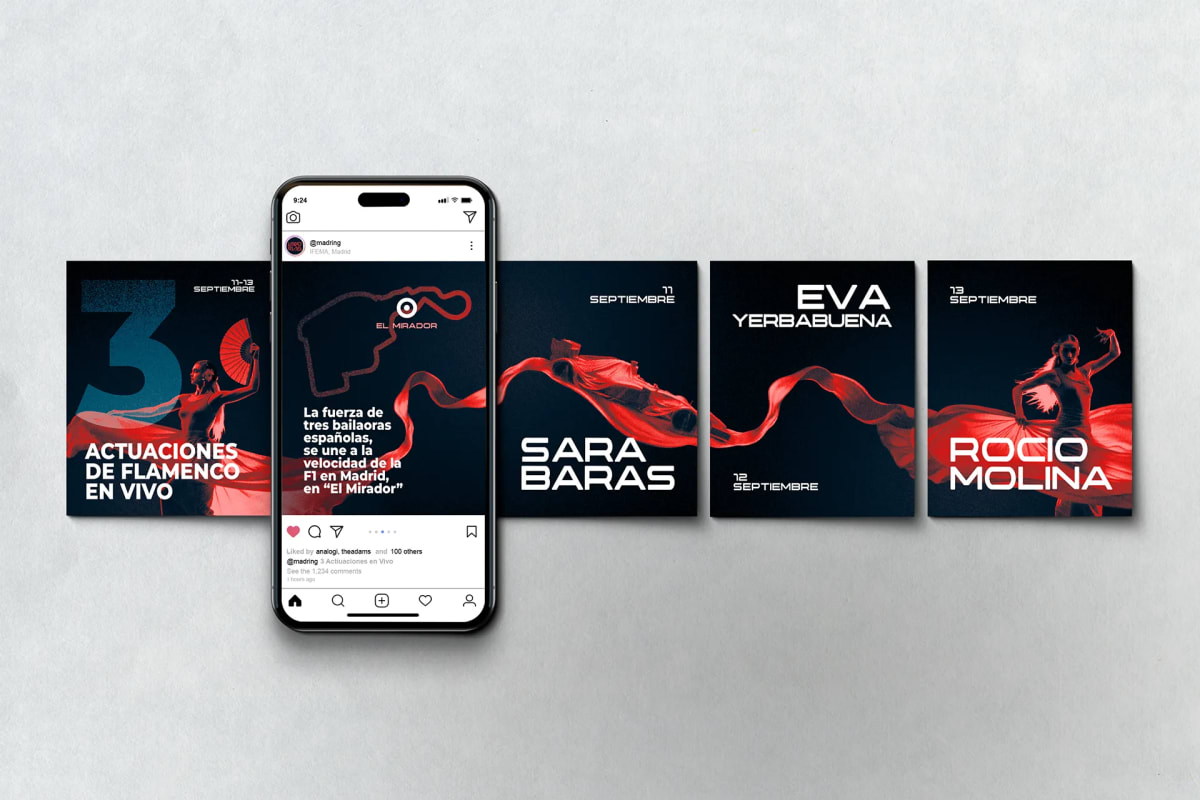 Campaña de redes sociales para actuaciones de flamenco El Mirador con carteles de Sara Baras, Eva Yerbabuena y Rocío Molina, de Rebeca Marín, alumna de Diseño Gráfico y Motion Graphics en TRAZOS