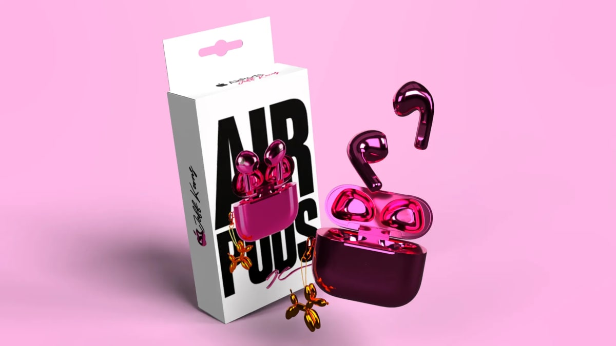 Render 3D de unos AirPods rosa metalizado con caja y perro globo dorado inspirado en Jeff Koons, de Rebeca Marín, alumna de Diseño Gráfico y Motion Graphics en TRAZOS