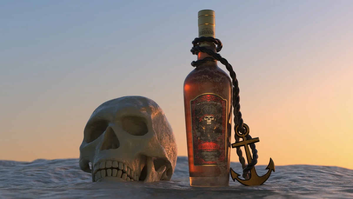 Render 3D de la botella del ron pirata Barbanegra junto a una calavera sobre la arena, de Ánder Sánchez, alumno de Diseño Gráfico y Motion Graphics en TRAZOS